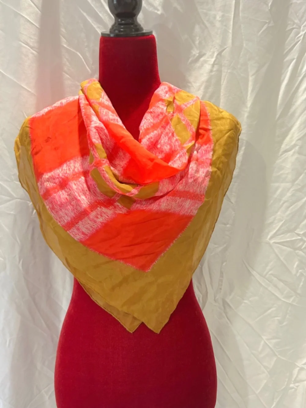 Vintage Silk Scarf 30x30, Hand Rolled Edge, Coral Pink Olive Gold Plaid Square
